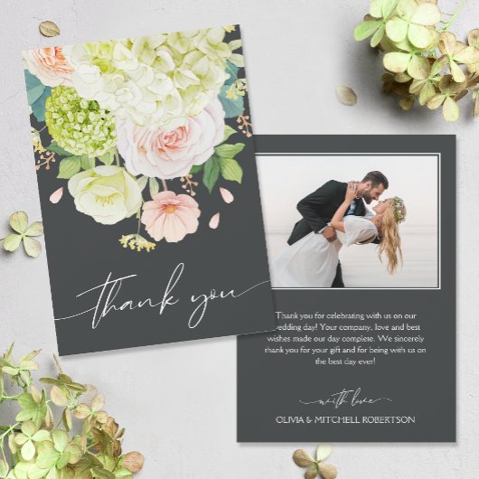 Chic Watercolor Florals Wedding Foto Dankeskarte