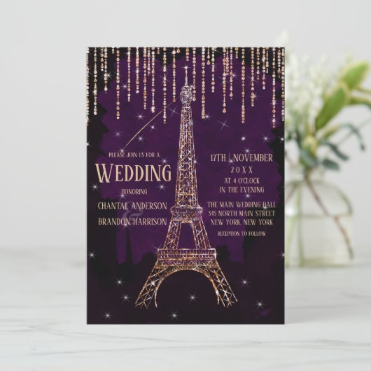 Chic Watercolor Glitzer Paris Eiffelturm Hochzeit Einladung (Stehend Vorderseite)