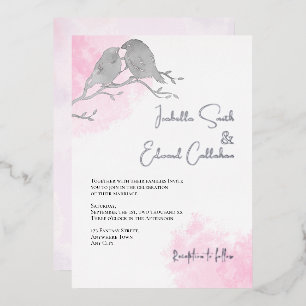 Chic Watercolor Gray Lovebirds Rosa Farbwash Folieneinladung