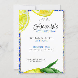 Chic Watercolor Lemon 40. Geburtstag Einladung