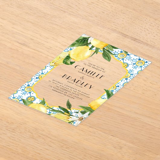 Chic Watercolor Lemon Mediterrane Sommerhochzeit Acryleinladungen (Ablage )