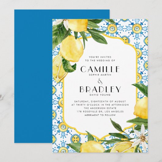 Chic Watercolor Lemon Mediterrane Sommerhochzeit Einladung (Vorne/Hinten)