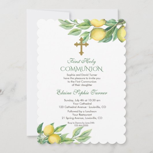 Chic Watercolor Lemon Tropical Holy Communion Einladung (Vorderseite)