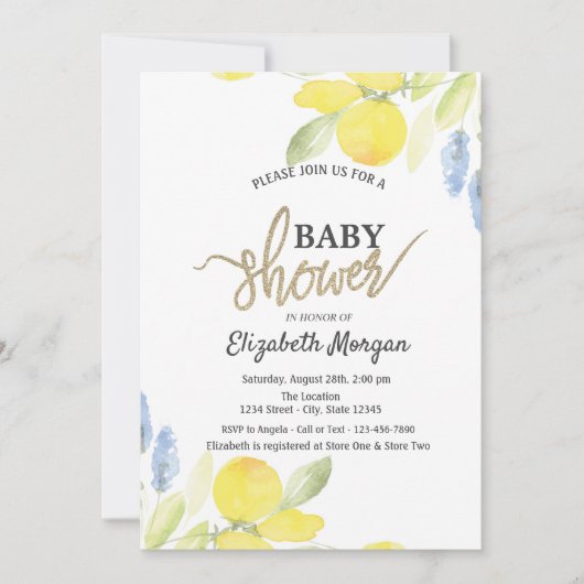 Chic Watercolor Lemons Babydusche Einladung (Vorderseite)