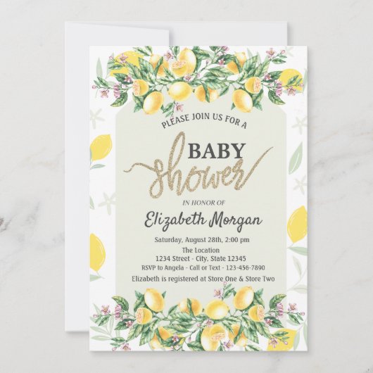 Chic Watercolor Lemons Frame Baby Dusche Einladung (Vorderseite)