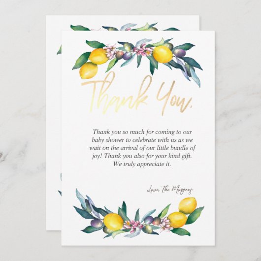 Chic Watercolor Lemons Olives Dankeskarte (Vorne/Hinten)