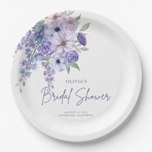 Chic Watercolor Lila Blume Script-Brautparty Pappteller (Vorderseite)