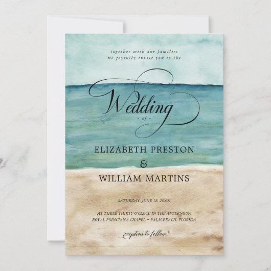 Chic Watercolor Ocean Beach Sand Nautical Wedding Einladung (Vorderseite)