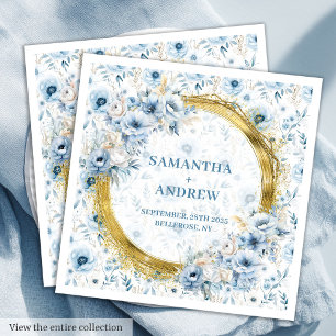 Chic Watercolor Pastel Blue Gold Glitzer Hochzeit Serviette