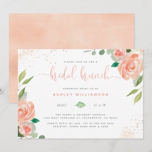 Chic Watercolor Peonies & Eucalyptus Bridal Brunch Einladung (Vorne/Hinten)