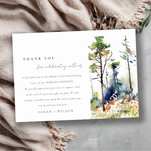 Chic Watercolor Pine Forest Landschaft Hochzeit Dankeskarte