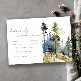 Chic Watercolor Pine Forest Landschaft Hochzeit RSVP Karte