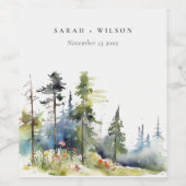 Chic Watercolor Pine Forest Landschaft Hochzeit Weinetikett (Einzelnes Label)