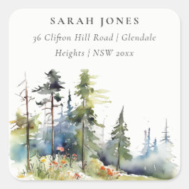 Chic Watercolor Pine Forest Landschaftsadresse Quadratischer Aufkleber