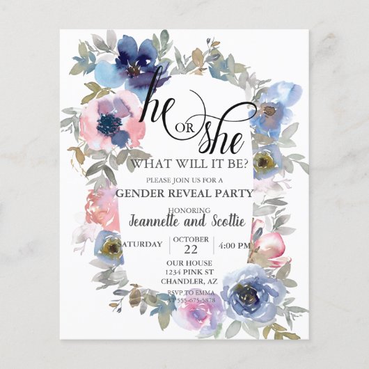 Chic Watercolor Pink Blue Blume Gender Reveal Flyer (Vorne)