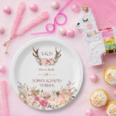 Chic Watercolor Pink Blush Floral Antlers Wedding Pappteller (Party)