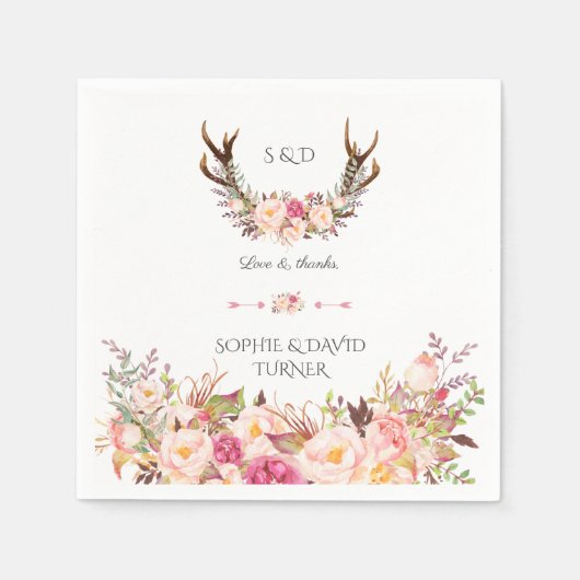 Chic Watercolor Pink Blush Floral Antlers Wedding Serviette (Vorderseite)