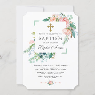Chic Watercolor Pink Blush White Floral Taufe Einladung