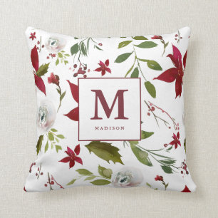 Chic Watercolor Poinsettia Floral Monogramm Name Kissen