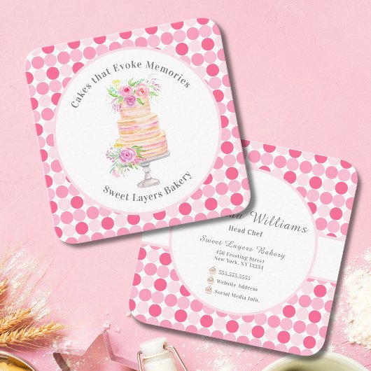 Chic Watercolor Schichtter Kuchen mit Rose Bäckere Quadratische Visitenkarte