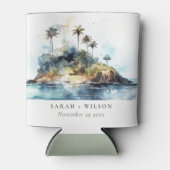 Chic Watercolor Seascape Palm Tree Island Hochzeit Dosenkühler (Vorderseite)