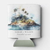 Chic Watercolor Seascape Palm Tree Island Hochzeit Dosenkühler (Rückseite)