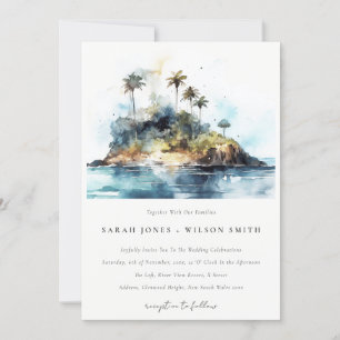 Chic Watercolor Seascape Palm Tree Island Hochzeit Einladung