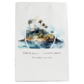 Chic Watercolor Seascape Palm Tree Island Hochzeit Mittlere Geschenktüte (Vorderseite)