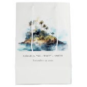 Chic Watercolor Seascape Palm Tree Island Hochzeit Mittlere Geschenktüte (Rückseite)