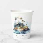 Chic Watercolor Seascape Palm Tree Island Hochzeit Pappbecher (Rückseite)
