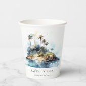 Chic Watercolor Seascape Palm Tree Island Hochzeit Pappbecher (Vorderseite)