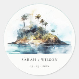 Chic Watercolor Seascape Palm Tree Island Hochzeit Runder Aufkleber