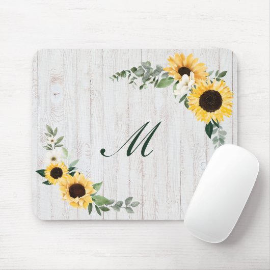 Chic Watercolor Sonnenblume Wreath Whitewood Initi Mousepad (Mit Mouse)