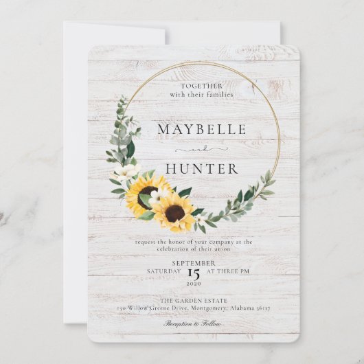 Chic Watercolor Sonnenblume Wreath Whitewood Weddi Einladung (Vorderseite)