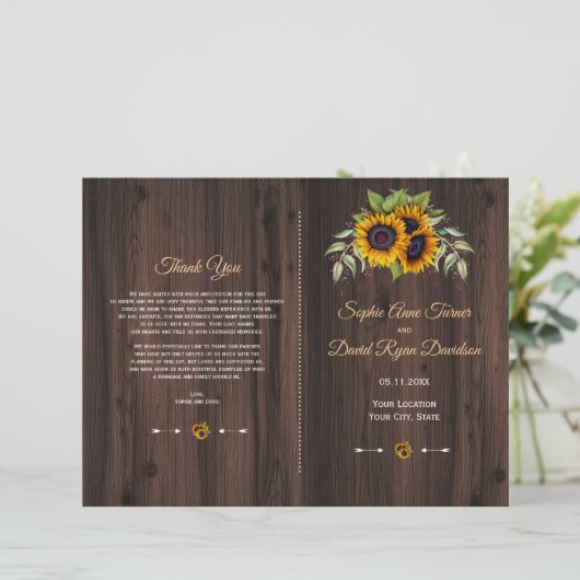 Chic Watercolor Sonnenblumen Wood Wedding Programm (Stehend Vorderseite)