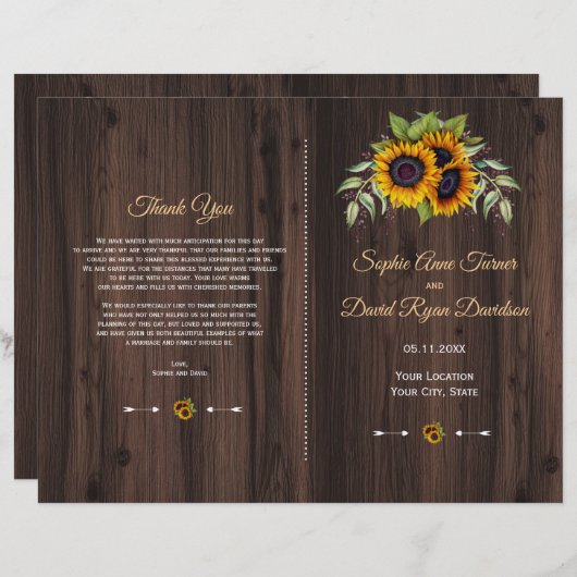 Chic Watercolor Sonnenblumen Wood Wedding Programm (Vorne/Hinten)