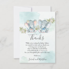 Chic Watercolor Twin Boy Girl Elephant Babydusche Dankeskarte