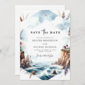 Chic Watercolor Waves Lighthouse Wedding Save The Date (Vorne/Hinten)
