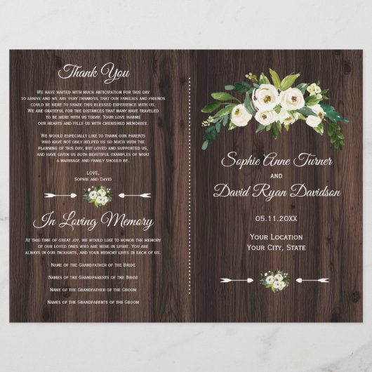 Chic Watercolor White Floral Wood Wedding Program (Vorderseite)