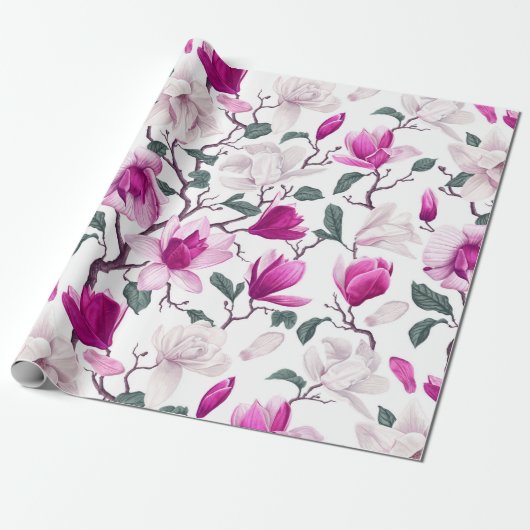 Chic Watercolor White Hot Pink Magnolias Muster Geschenkpapier (Ungerollt)