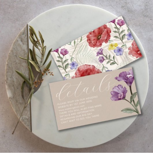 Chic Watercolor Wildblume Beige Hochzeit Begleitkarte