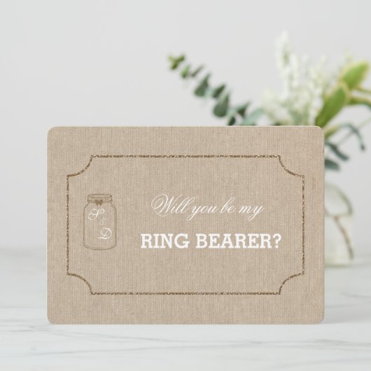 Chic Wedding Mason Jar Linen Leinwand RING BEARER Einladung (Stehend Vorderseite)