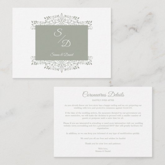 Chic Wedding Ornamental Initials Coronavirus Begleitkarte (Vorne/Hinten)