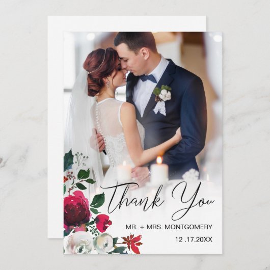 Chic Wedding Red Floral Rose Black Script Foto Dankeskarte (Vorne/Hinten)