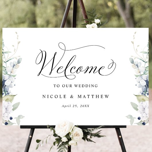 Chic Wedding Welcome Sign White Blue Floral Poster