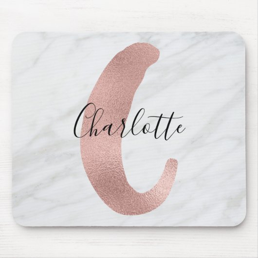 Chic Weiß & Grau Marmor Roségold C Monogramm Name Mousepad (Vorne)