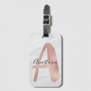 Chic Weiß und Grau Marmor Roségold A Monogramm Nam Gepäckanhänger