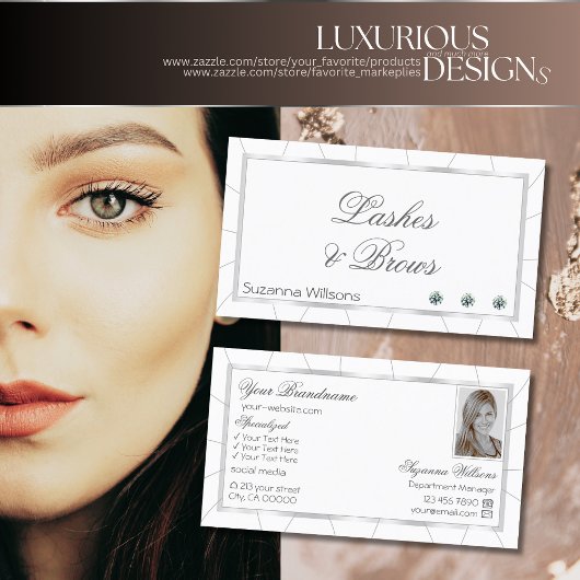 Chic Weiß und Silber Rahmen mit Diamanten & Foto Visitenkarte