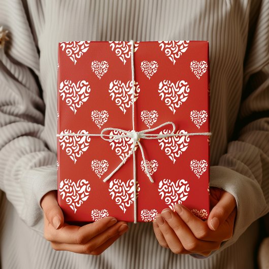 Chic Weißer Leopard Gepard Herz | Firebrick Geschenkpapier