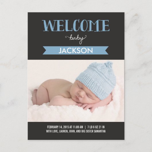 Chic Welcome Birth Announcement - Blue Ankündigungspostkarte (Vorderseite)